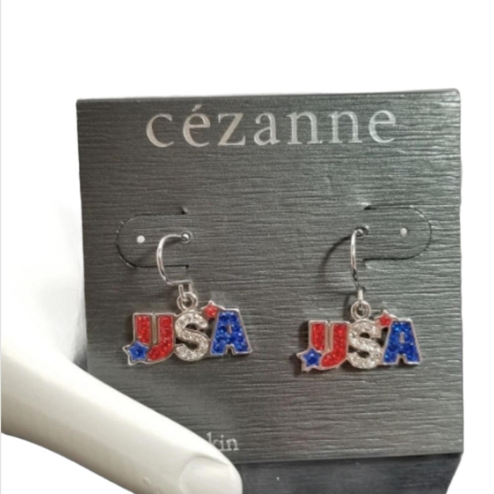 Cezanne USA Star patriotic Earrings  Dangle 4th July Memorial Day red blue  *
